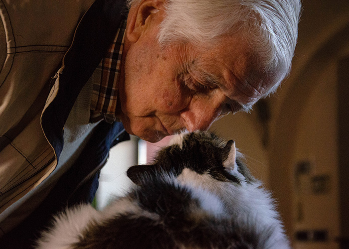 Elderly man leaning over a pet cat